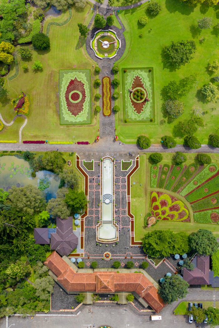 Stunning aerial shot of a landscaped botanical garden in Sukaresmi, Java, Indonesia.
